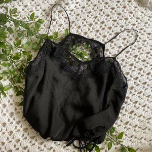 Free People- Open Back Cinched Cropped Tank with Lace Detail Black Large